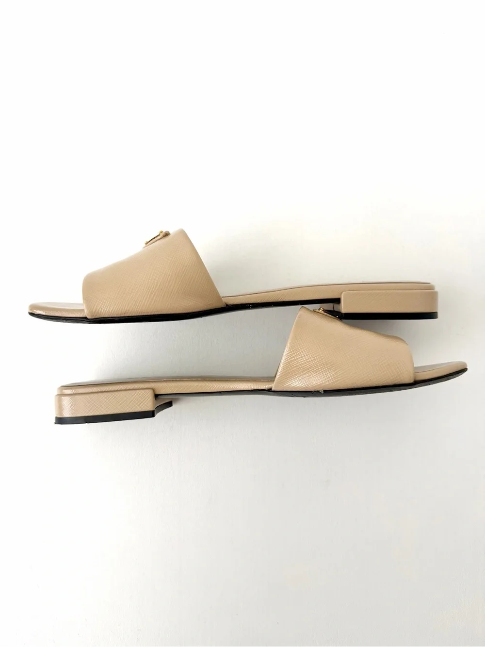 PRADA | Saffiano Patent Leather Triangle Logo Slides Sandals Flats Beige Sand 38